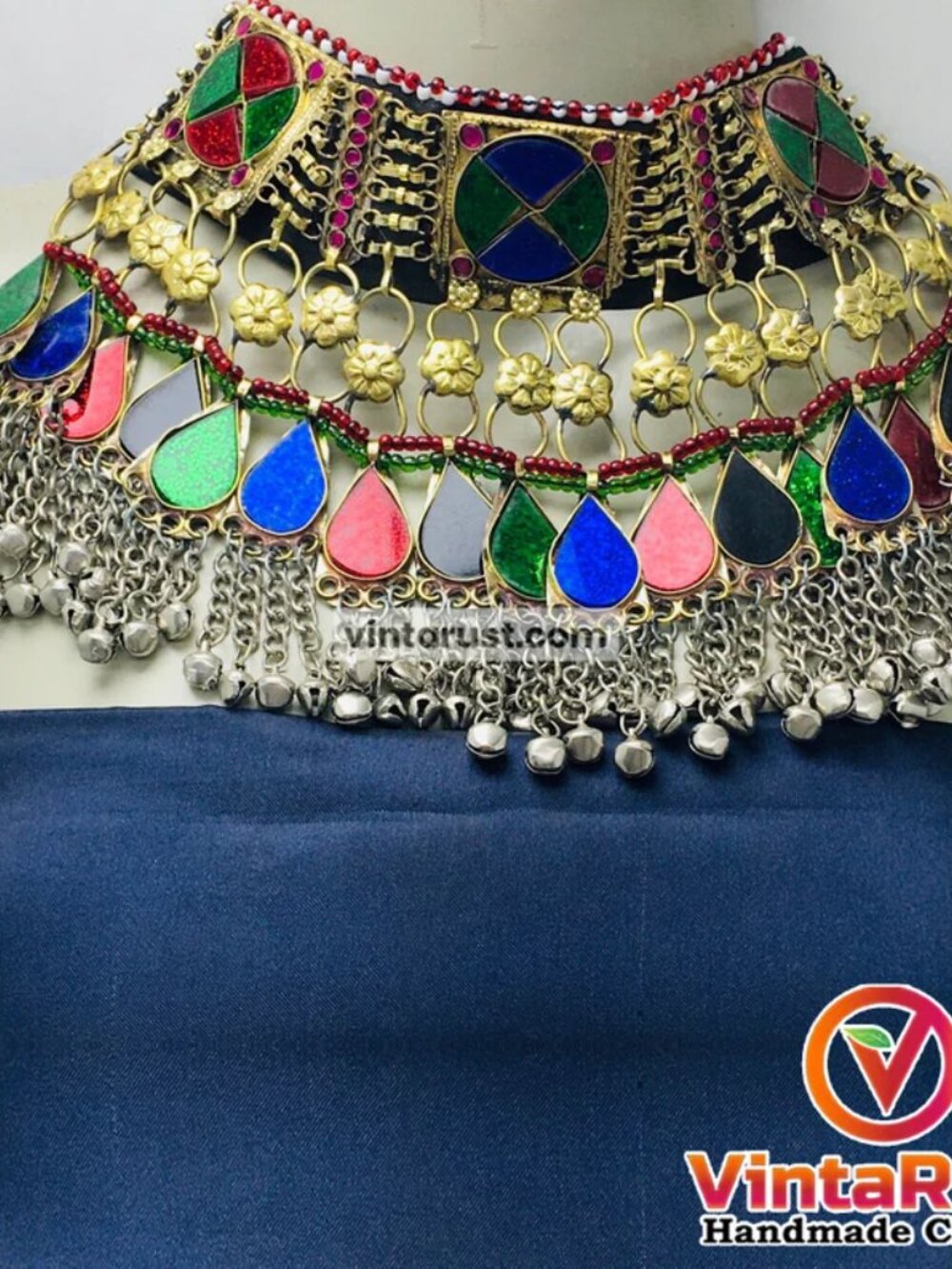 Handcrafted Kuchi Choker Necklace: Afghan Tribal Bells, Enamel Stones